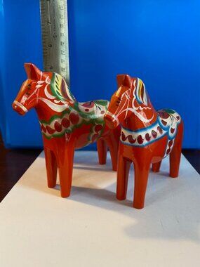 2 Vintage 4.5" Swedish Dala horses, hand carved and painted,Tillv, Nils Olsson